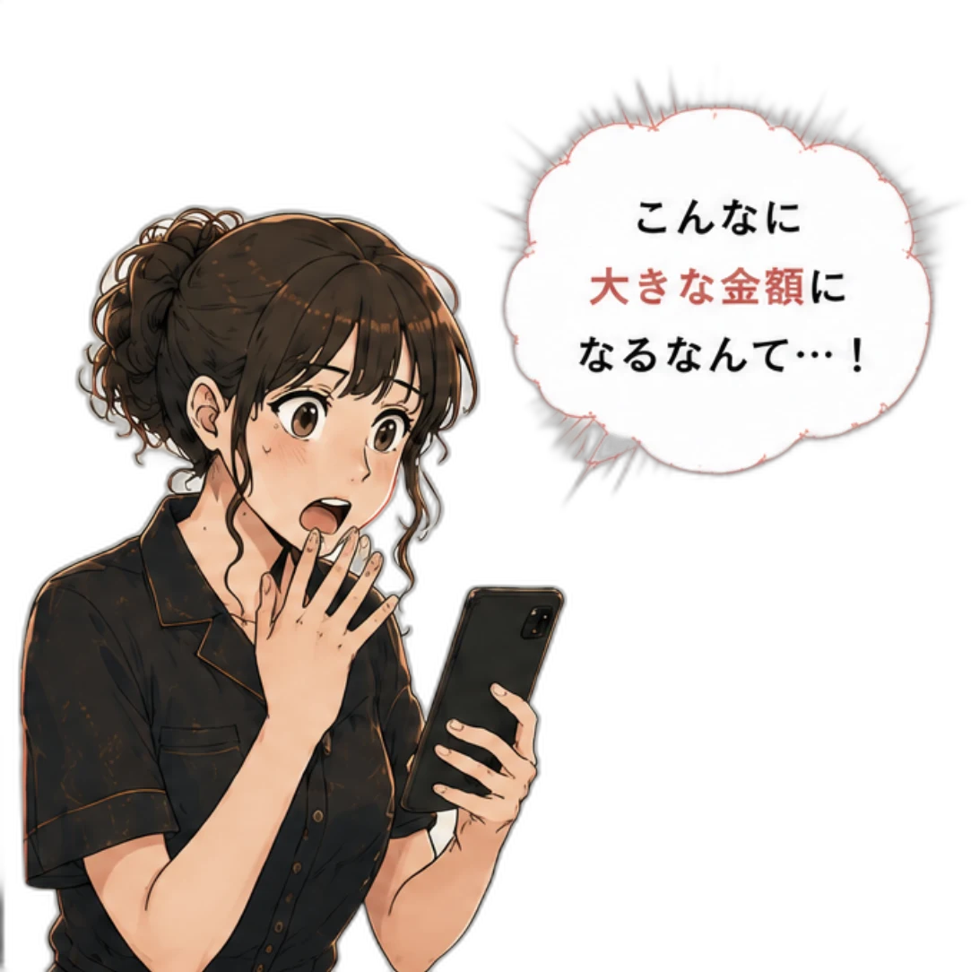 スマホを見て損失額に驚くサロンスタッフと「こんなに大きな金額になるなんて…!」の吹き出し